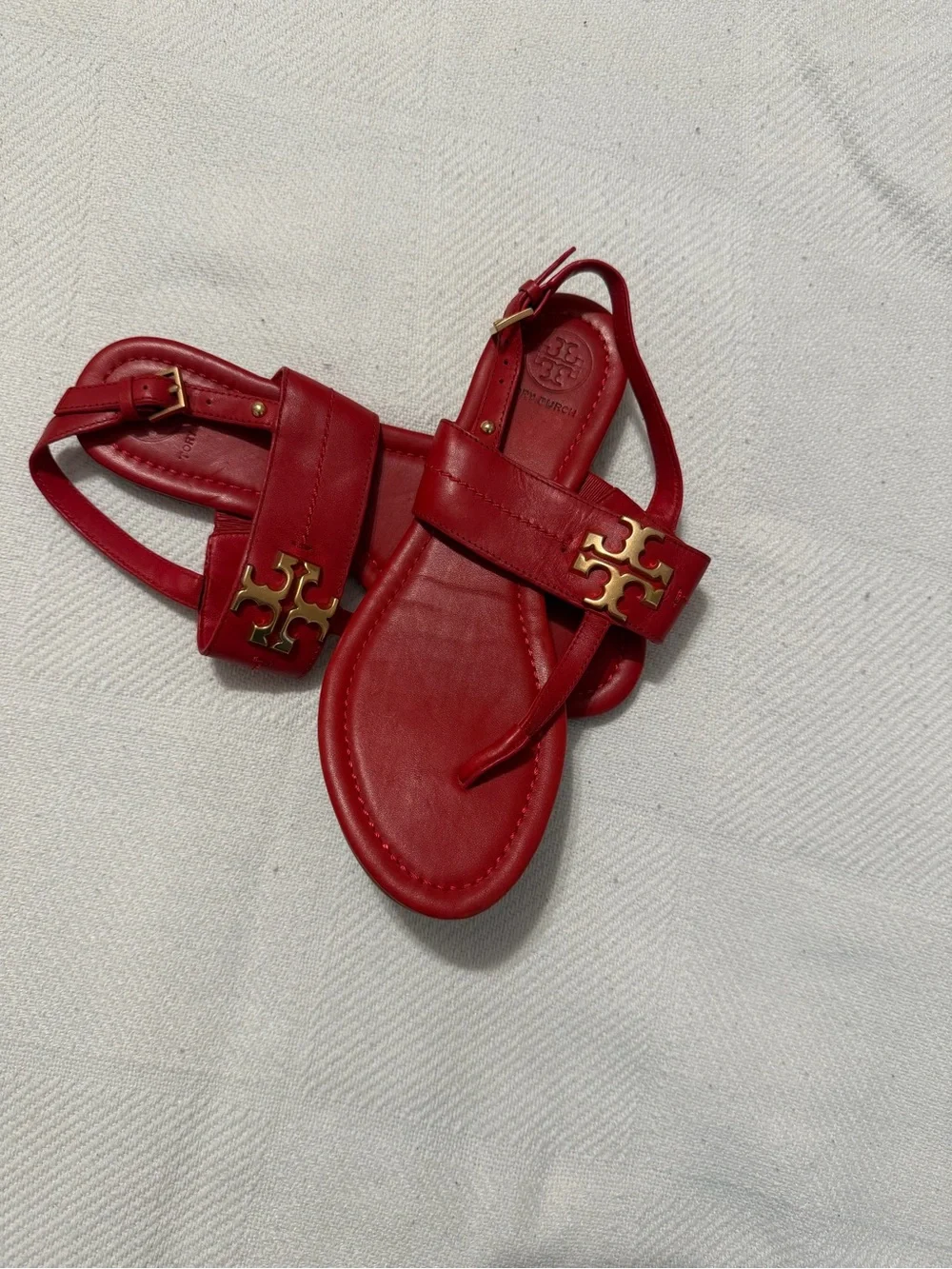Tory Burch Red Leather Logo Slingback Sandals with Gold Hardware